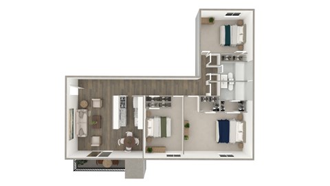 A floor plan of a house with a kitchen, living room, and two bedrooms.